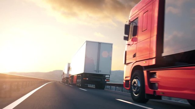 POV shot overtaking a convoy of semi trucks driving on a highway into the sunset. Fast and dynamic camera. Realistic high quality 3d animation.