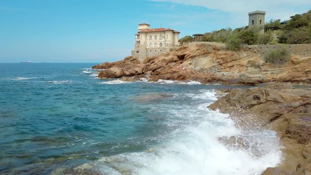 Slow Motion Cliffs of the Tuscan coast, castle of Boccale, Livorno Leghorn