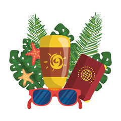 solar blocker bottle with sunglasses and passport