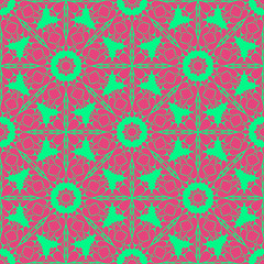 Floral pattern with abstract geometric form, green and pink color