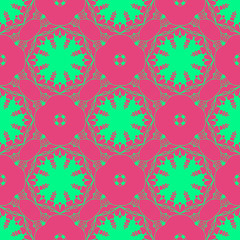 Floral pattern with abstract geometric form, green and pink color