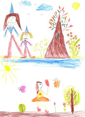 Obraz na płótnie Canvas Child's drawing of a happy family on a walk
