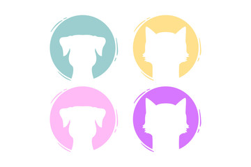 Set of round shapes with pets in pastel colors. Isolated circles with domestic animals silhouettes inside. Vector cat and dog heads logo. Animal faces