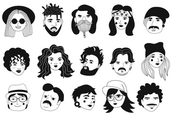 Set of people avatars in flat style. Portraits of various men and women. Trendy black and white icons collection. Vector illustration.