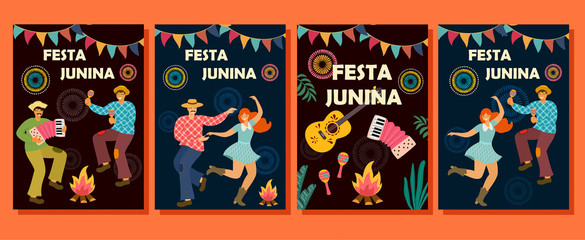 Collection of cards for Festa Junina. Latin American holiday. Vector illustration. Idea template for banner, poster, card, postcard and printable.