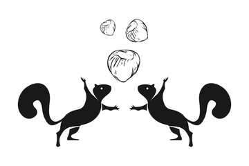 Isolated vector playing squirrels silhouettes and hazelnuts on top. Logo set of squirrels juggle with nuts in black color. Squirrels standing on hind legs with front legs to the top. 