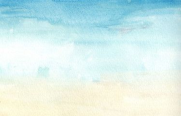 Handmade illustration light sky blue and light yellow watercolor background. Aquarelle paint paper textured canvas element for text design, greeting card, template.