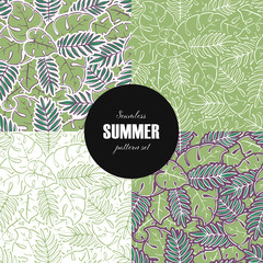 Set of vector seamless leaf pattern template. 4 pretty green fern and forest leaves isolated on different color background. Plant tile design for textile, cloth, wrapping paper, web, print, fabric © tasty_cat