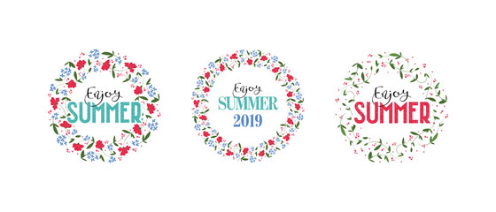 Set of vector flower banner pattern templates. Nature floral circle frame with red and blue flower, green leaf and berry isolated on white background. Design for summer activities, web, shops, menu.