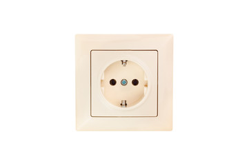 One square plastic electric socket beige color for cable with plug isolated on white background