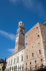 Fototapeta na wymiar Verona, Italy: Torre dei Lamberti, Bright Blue Sky ,march, 2019