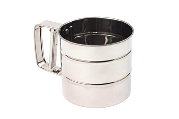 One empty cylindrical stainless mug with mechanical rotary sieve and handle with trigger isolated...