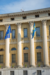 Fototapeta na wymiar flags on Gran Guardia Palace .,Verona, Italy 2019,