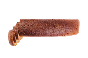 Single long rectangle black bread and slices with grain isolated on white background. Top view