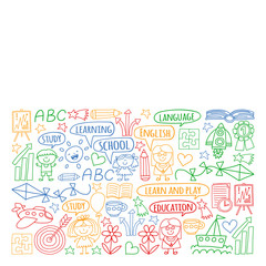 Fototapeta premium Vector set of learning English language, children's drawing icons in doodle style. Painted, colorful, pictures on a piece of paper on white background.
