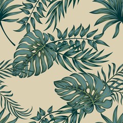 Fototapeta premium Tropical palm leaves, jungle leaves seamless vector floral pattern background.