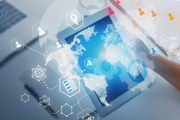 Woman hand with tablet, social connection