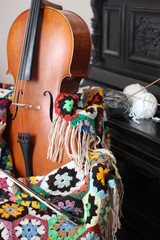 cello and colorful shawl, color photography