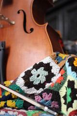 cello and colorful shawl, color photography