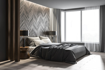 Gray and wooden bedroom corner, curtains
