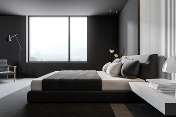 Side view of gray and wooden bedroom