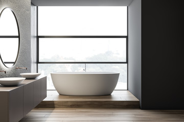 Naklejka na ściany i meble Concrete bathroom interior, double sink and tub