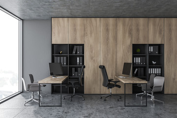 Gray and wood open space office interior
