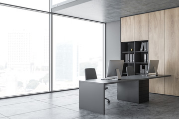 Panoramic wooden and gray office corner