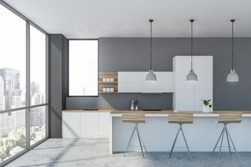 Gray panoramic kitchen interior with bar