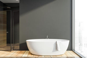 Fototapeta na wymiar Dark gray bathroom interior, tub and shower