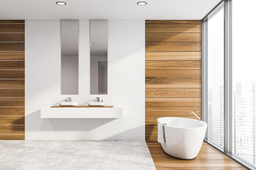 Fototapeta na wymiar White bathroom interior with double sink and tub