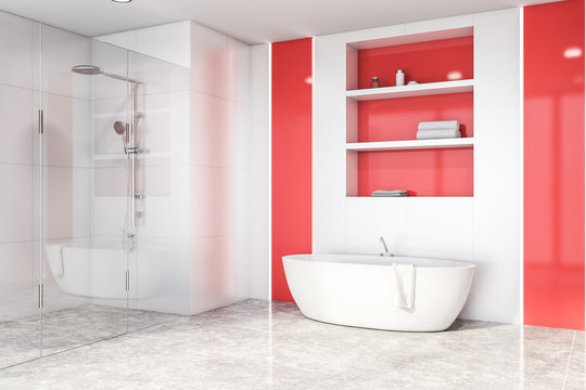 White and red bathroom corner, tub and shower