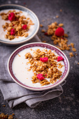 Granola with yogurt and dried raspberries