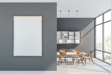 Gray dining room interior with shelves and poster