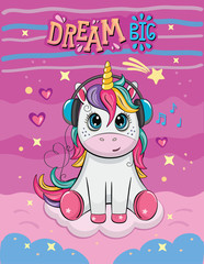 Cartoon funny unicorn with headphones. Cute little pony with rainbow. Wonderland. Fabulous animal. Children`s illustration. Postcard for friends, family. Fairytale background with clouds, stars, waves