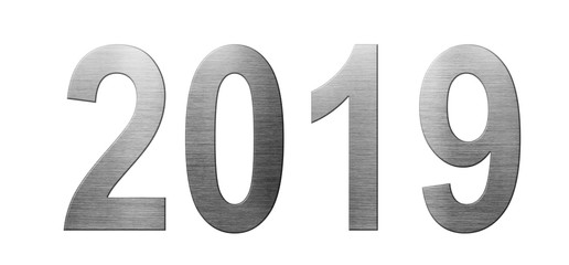 Metal font 2019 year isolated on white background. Numbers and symbols. Textured materials.