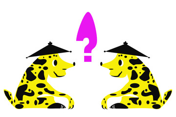 Two of the same fantastic animals in front of each other and a question mark between them. Looks like sitting yellow dogs with black spots on a white background. And a lilac question mark.