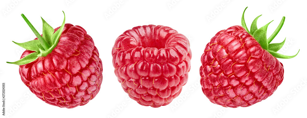 Poster Ripe raspberries collection isolated on white background