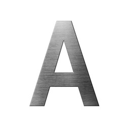Metal font english alphabet. Letter A from a metal plate isolated on a white background.