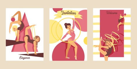 Young girl gymnast exercise sport athlete vector illustration. Training performance strength gymnastics balance people cards. Championship workout acrobat beautiful character.