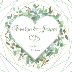 Vector wedding invitation flyer. Square valentine heart frame with set branches and leaves eucalyptus gunnii, silver dollar, leucoxylon greenery. Сard design, editable