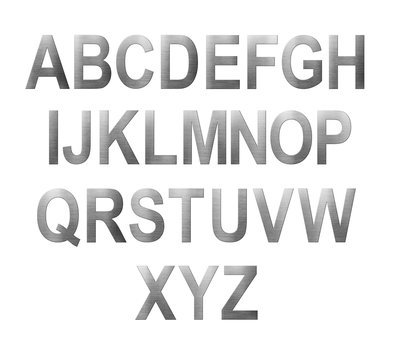 Metal font english alphabet. Letter from A to Z from a metal plate isolated on a white background.