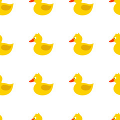 Cute yellow rubber duck with eye, orange beak, tale, wing, without paws, topknot, crest. Vector seamless pattern. Customized fun background. For cards, baby shower, celebration, paper, book cover, fab