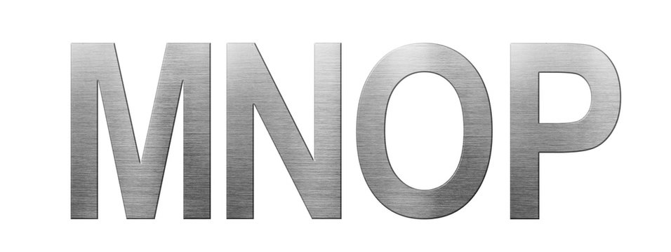 Metal font english alphabet. Letter MNOP from a metal plate isolated on a white background.