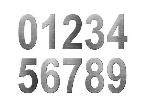 Metallic numbers from 0 to 9. Metal font english alphabet. Letter A from a metal plate isolated on a white background.
