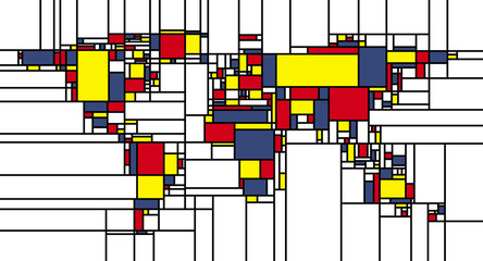 World map in mondrian style. Colorful rectangles in different colors. 