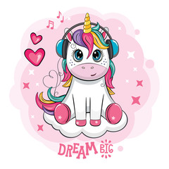 Cartoon funny unicorn with headphones on cloud. Cute little pony on white background.  Wonderland. Fabulous animal. Isolated children`s illustration for sticker, print. Postcard for friends, family.