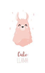 Cartoon llama face smiles on white background. Vector greeting card.