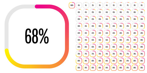 Set of rectangle percentage diagrams (meters) from 0 to 100 ready-to-use for web design, user interface (UI) or infographic - indicator with gradient from magenta (hot pink) to yellow
