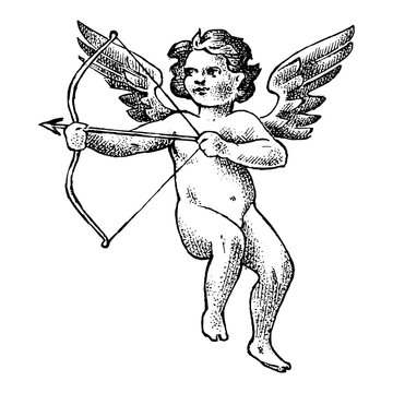 Cute angel with arrows and bow. Small aesthetic Cupids with wings fly in the sky. Children in Monochrome engraved style. Template for tattoo or logo. Hand drawn vintage sketch.